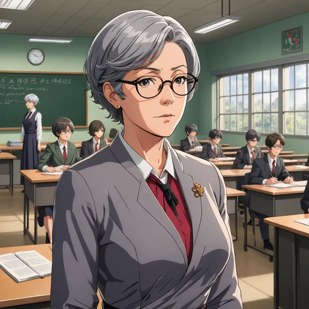 a woman in a classroom with a lot of desks and a clock in the background with a person in the foreground, sots art, a character portrait, Eizan Kikukawa, official art