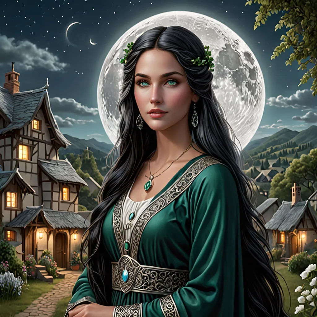 a woman in a green dress standing in front of a full moon house with a full moon behind her, fantasy art, a detailed painting, Anne Stokes, kinkade