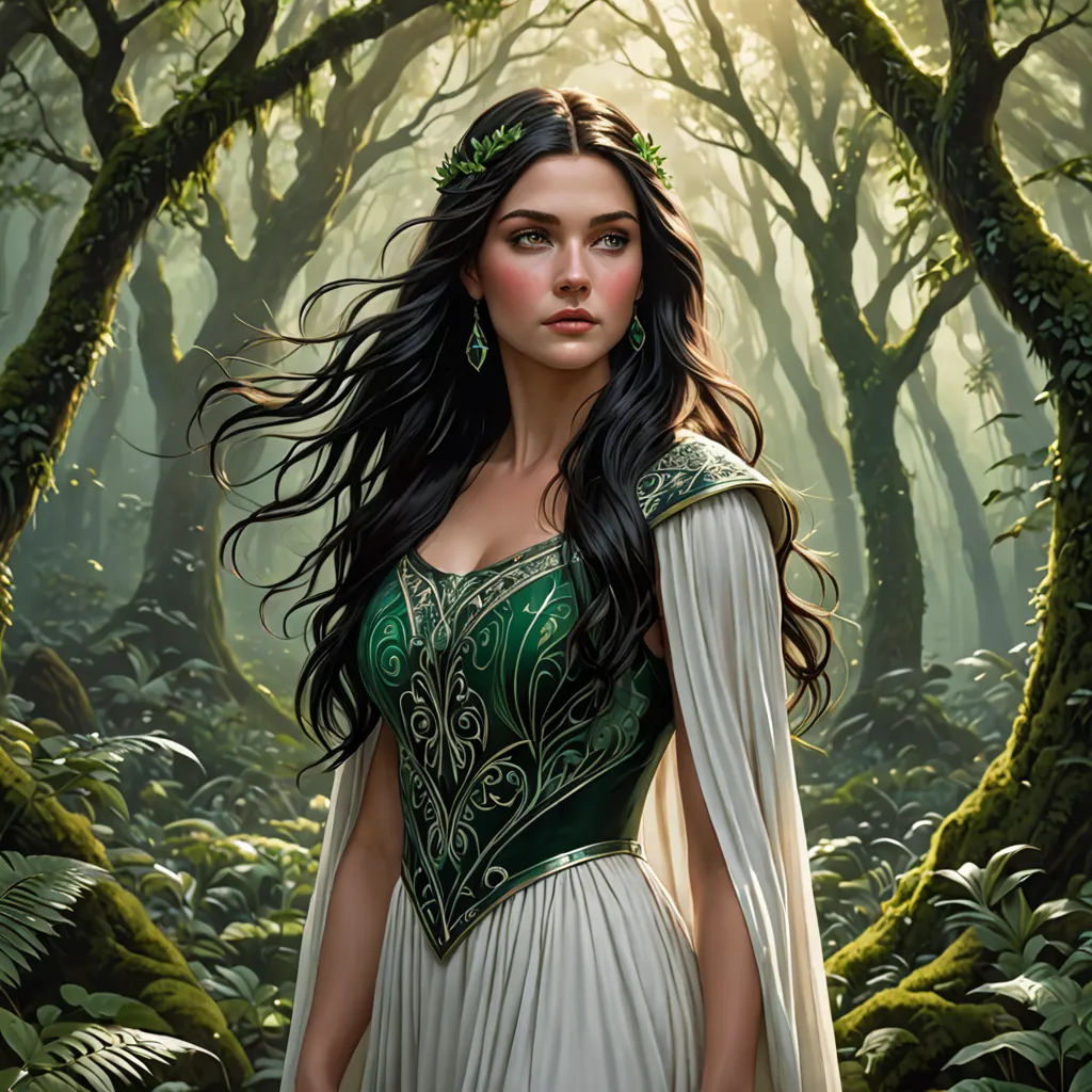 a woman in a white dress standing in a forest with trees and ferns on the ground and a green crown on her head, fantasy art, a detailed painting, Anne Stokes, magic the gathering artwork