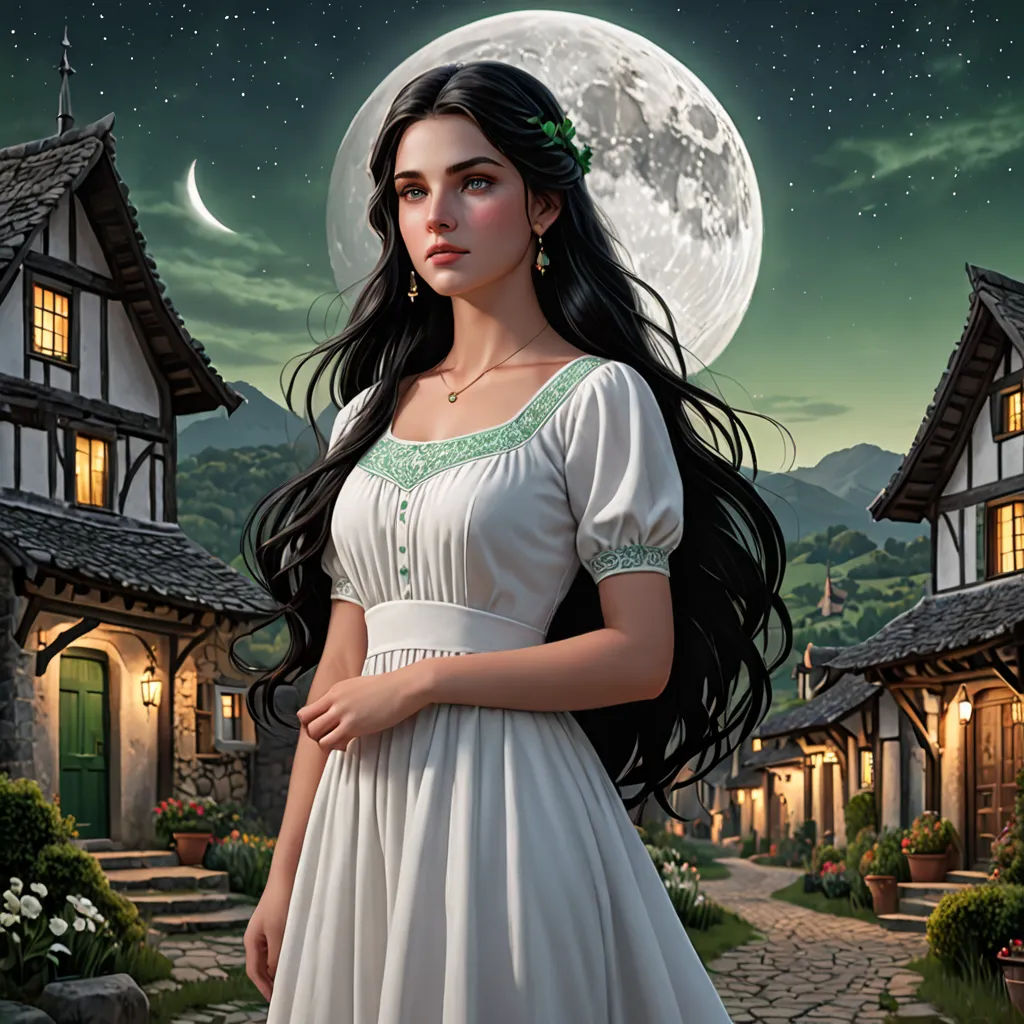a woman in a white dress standing in front of a house with a full moon in the background and a full moon in the sky, fantasy art, a detailed painting, Anne Stokes, kinkade