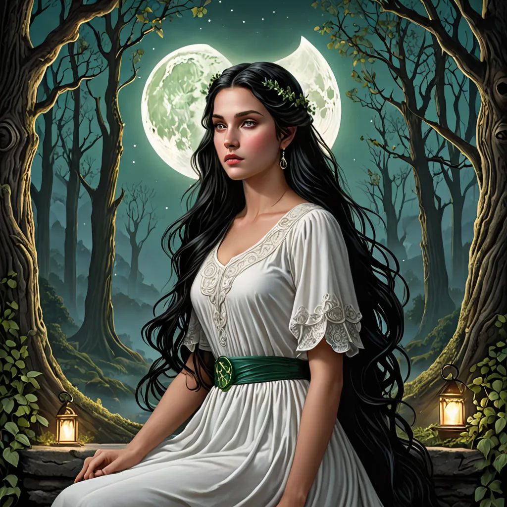 a painting of a woman sitting on a bench in a forest with a full moon in the background and a lantern lit tree, fantasy art, a detailed painting, Anne Stokes, highly detailed digital painting
