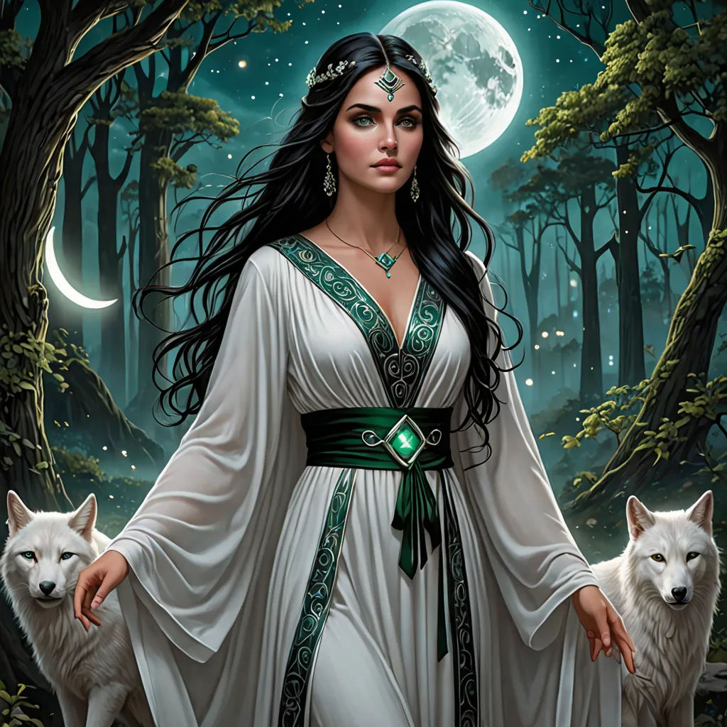 a woman in a white dress standing next to two white wolfs in a forest with a full moon behind her, fantasy art, a detailed painting, Anne Stokes, kinkade