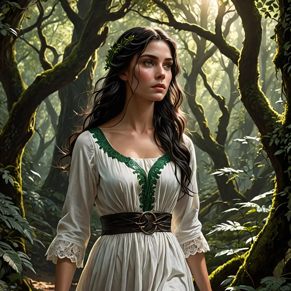 a woman in a white dress standing in a forest with trees and bushes behind her, with a green belt around her waist, fantasy art, a detailed painting, Anne Stokes, magic the gathering artwork