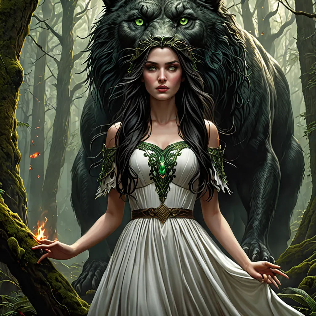 a woman in a white dress standing in a forest with a wolf on her head and a green glowing eye, fantasy art, a detailed painting, Anne Stokes, fantasy artwork