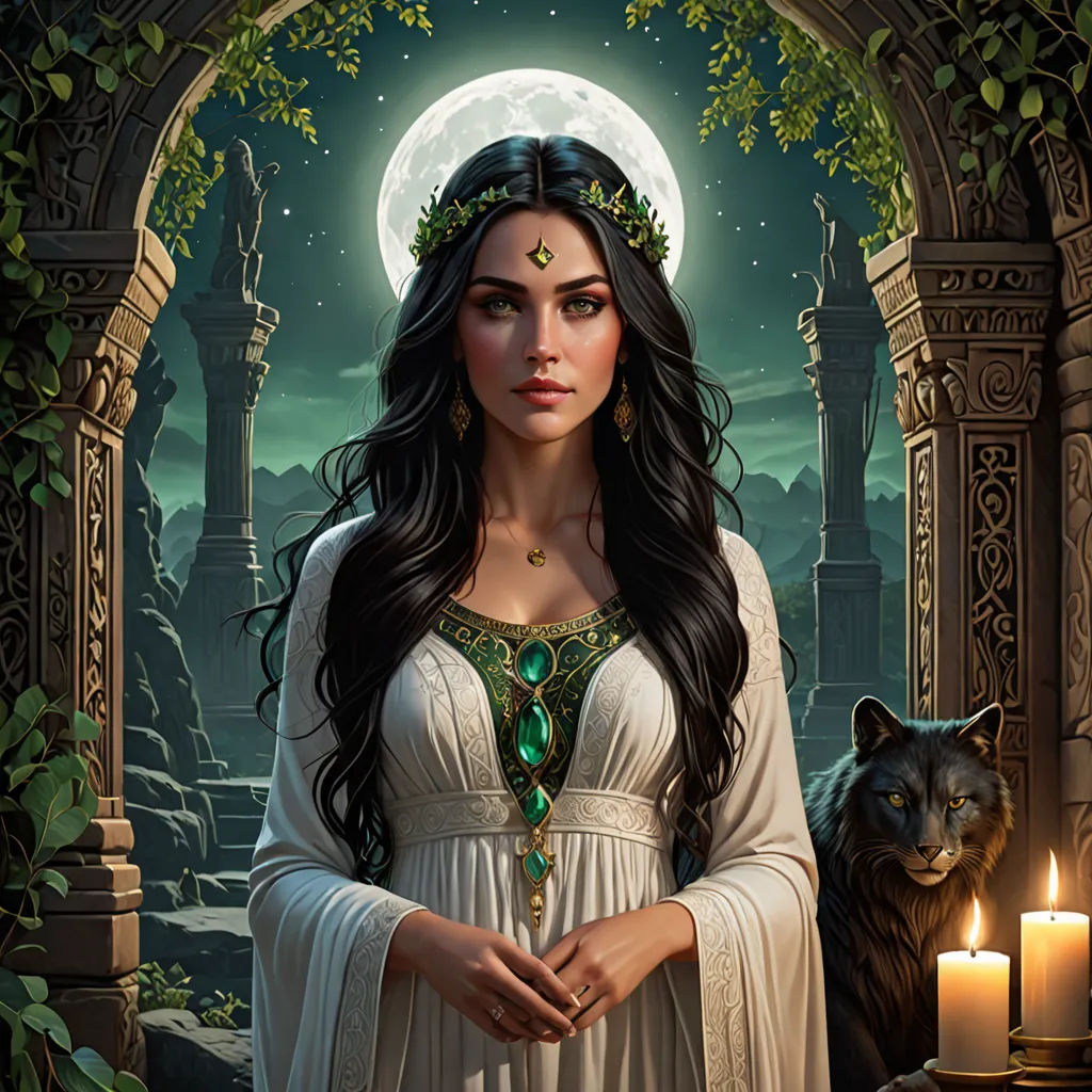 a woman in a white dress standing in front of a wolf and a candle with a full moon behind her, fantasy art, a character portrait, Anne Stokes, fantasy artwork