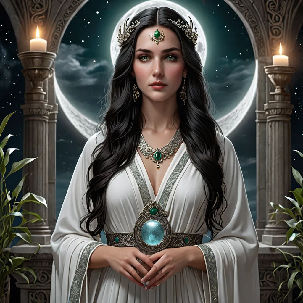 a woman in a white dress holding a green crystal ball in her hands and a crescent in the background, fantasy art, a detailed painting, Anne Stokes, highly detailed digital painting