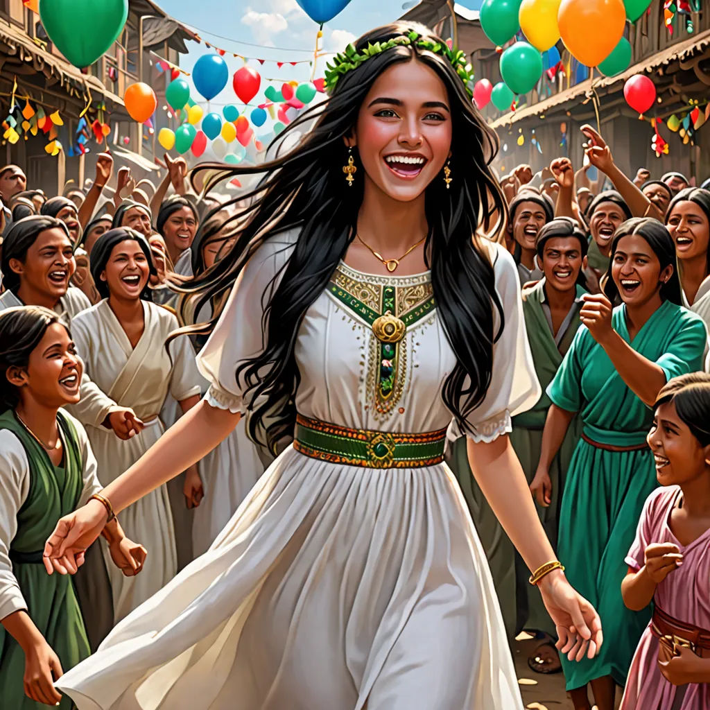 a woman in a white dress is surrounded by a crowd of people and balloons in the air and a woman in a white dress is smiling, fantasy art, a detailed painting, disney, official art