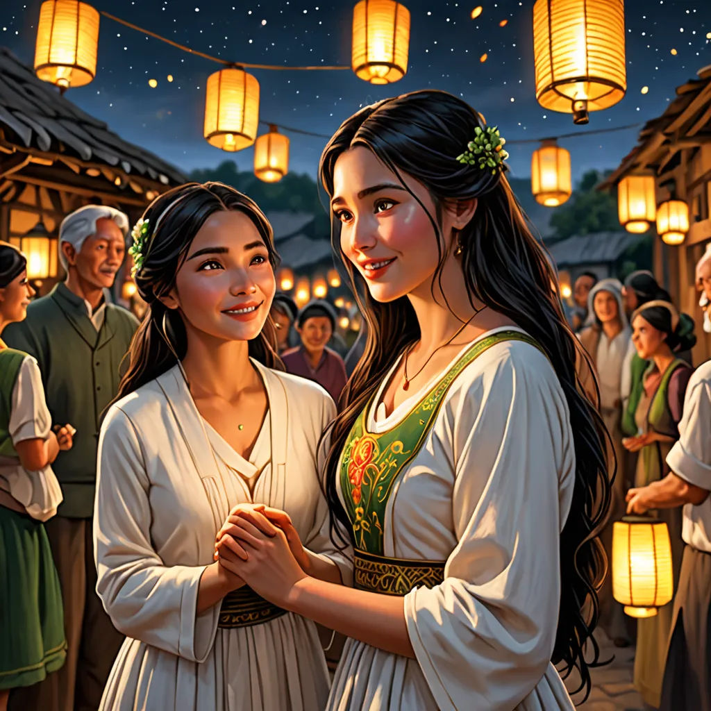 a painting of two women standing next to each other in front of a crowd of people with lanterns hanging above them, cloisonnism, a storybook illustration, Dai Xi, official art