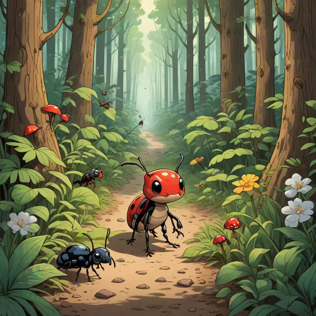 a group of bugs walking through a forest filled with trees and flowers, with a path leading to them, Chris LaBrooy, fantasy art, a storybook illustration, official art