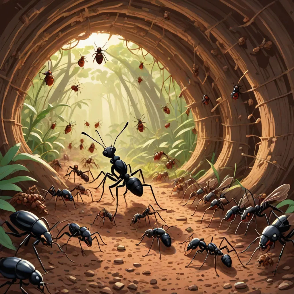 a group of ants walking through a tunnel in the forest with a group of ants in the middle of the tunnel, Andries Stock, antipodeans, a storybook illustration, furaffinity