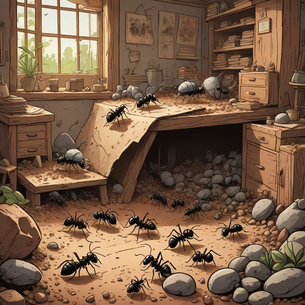 a group of ants in a room with a desk and a window with a view of a mountain and a forest, Farel Dalrymple, fantasy art, a storybook illustration, furaffinity