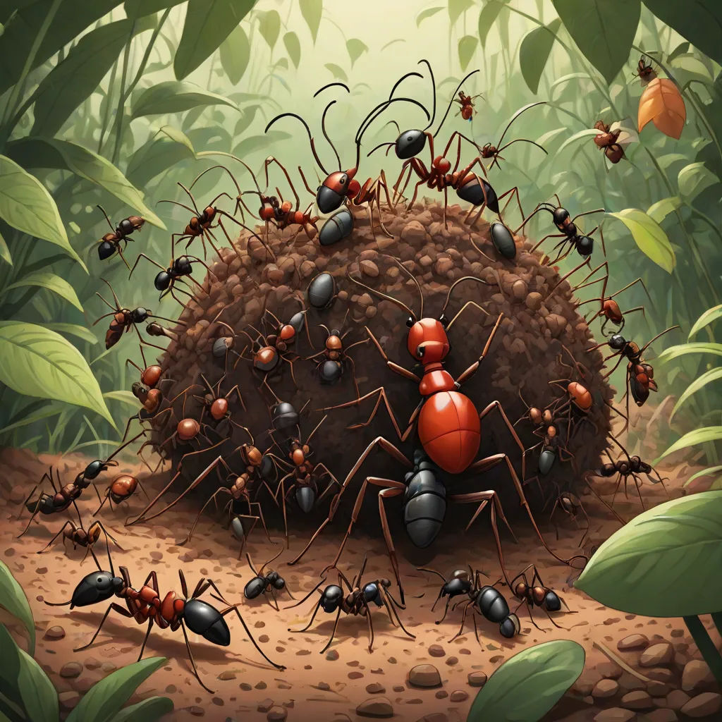 a group of ants crawling on top of a dirt mound in a forest filled with leaves and plants,, Chris LaBrooy, antipodeans, an illustration of, furaffinity