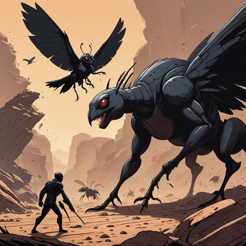 a man standing next to a giant black bird on a desert ground with a bird flying over him and another bird flying over him, Adam Rex, fantasy art, concept art, laurie greasley