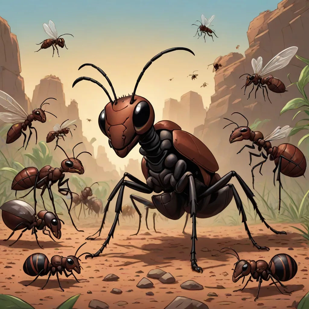 a group of ants in a desert area with rocks and plants around them and a few ants on the ground, Aaron Jasinski, antipodeans, an illustration of, furaffinity