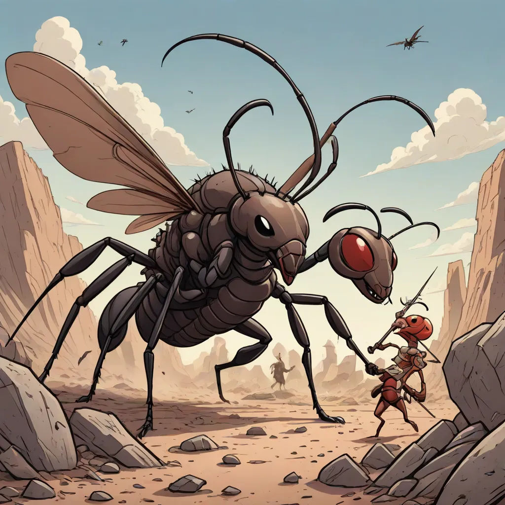 a cartoon of a bug and a man in a desert setting with rocks and a sky background with clouds, Asaf Hanuka, fantasy art, a storybook illustration, comic cover art