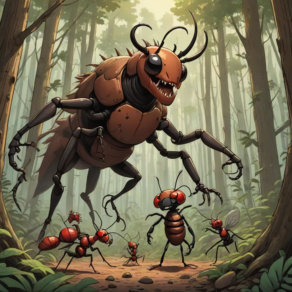 a group of ants in a forest with a bug crawling on them's back legs and a bug on its back, Aaron Jasinski, antipodeans, a storybook illustration, magic the gathering artwork