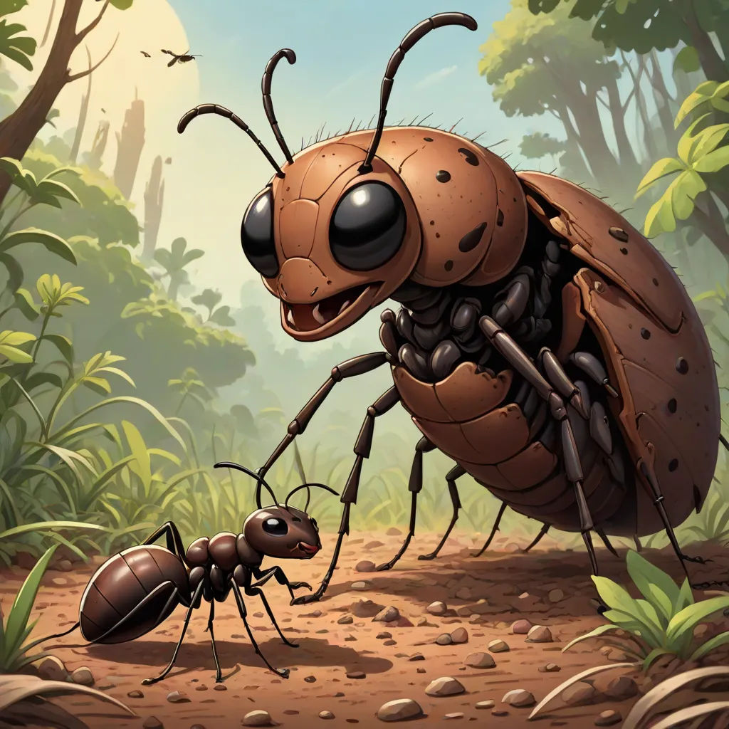 a bug and a bug crawling in the dirt near a forest area with trees and bushes on the ground, Chris LaBrooy, altermodern, a detailed painting, magic the gathering artwork