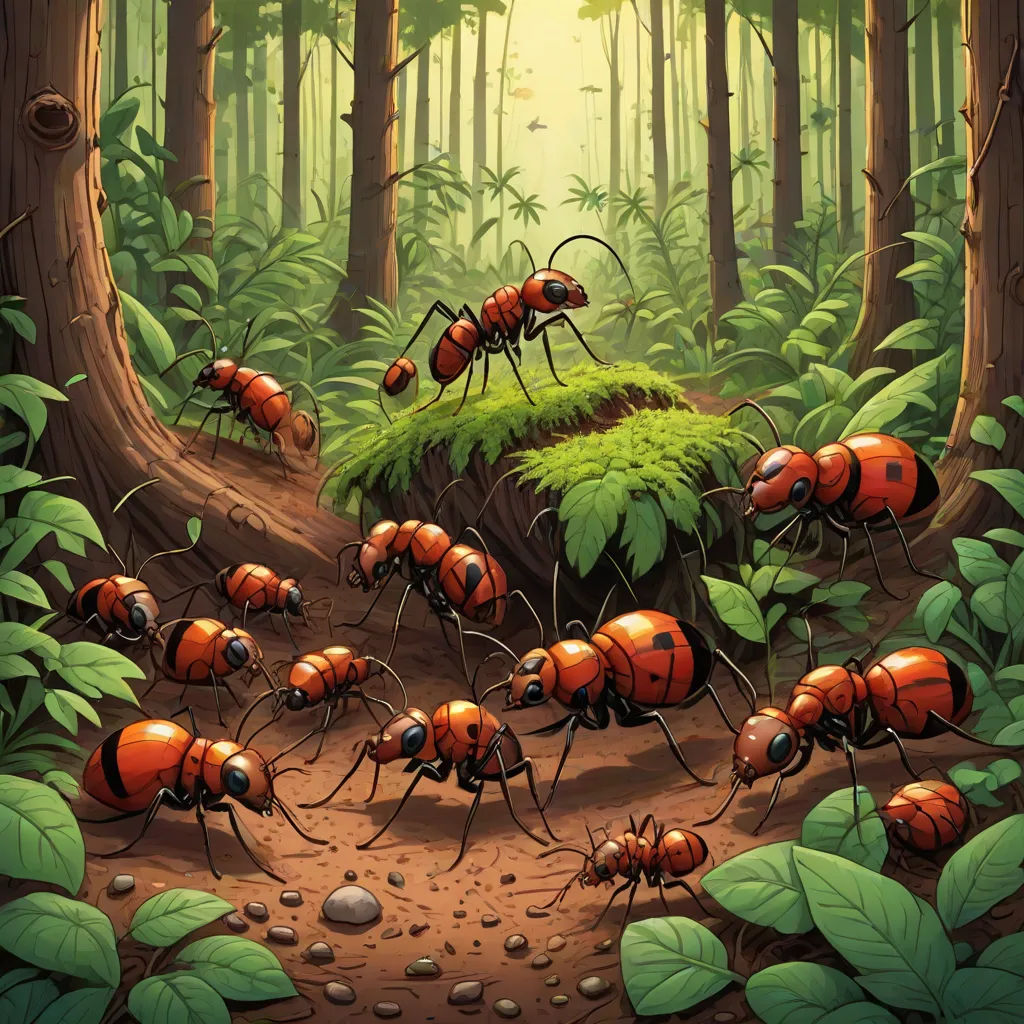 a group of ants in a forest with a lot of leaves on the ground and a lot of them on the ground, Chris LaBrooy, neo-primitivism, a storybook illustration, highly detailed digital painting
