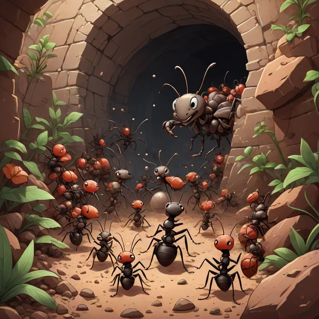a group of ants in a cave with a stone entrance and a tunnel entrance with a light at the end, Andreas Rocha, fantasy art, a storybook illustration, rossdraws global illumination