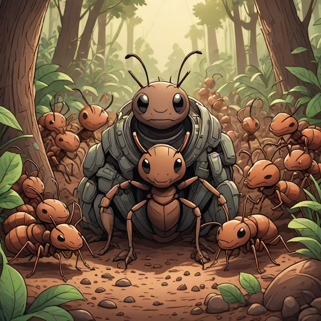 a group of ants standing in the middle of a forest with a giant bug on its back and a smaller one on its back, Chris LaBrooy, sots art, a storybook illustration, game art