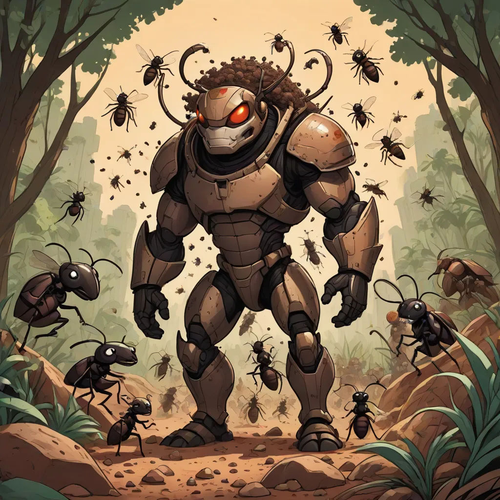 a group of ants and a robot in a forest with a man in the middle of the picture, surrounded by ants, Dan Mumford, antipodeans, concept art, comic cover art