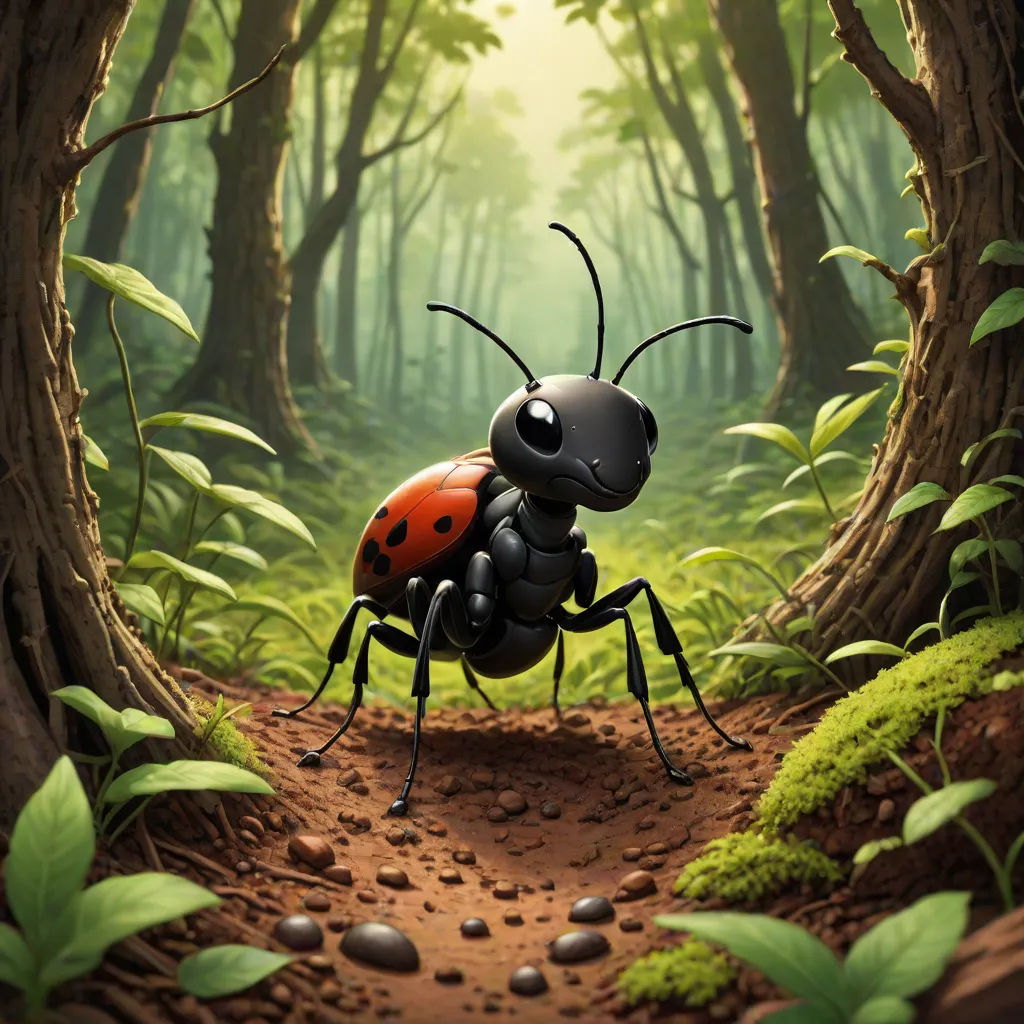 a bug is walking through a forest with a trail in the foreground and a forest with green leaves, Chris LaBrooy, fantasy art, a storybook illustration, highly detailed digital painting