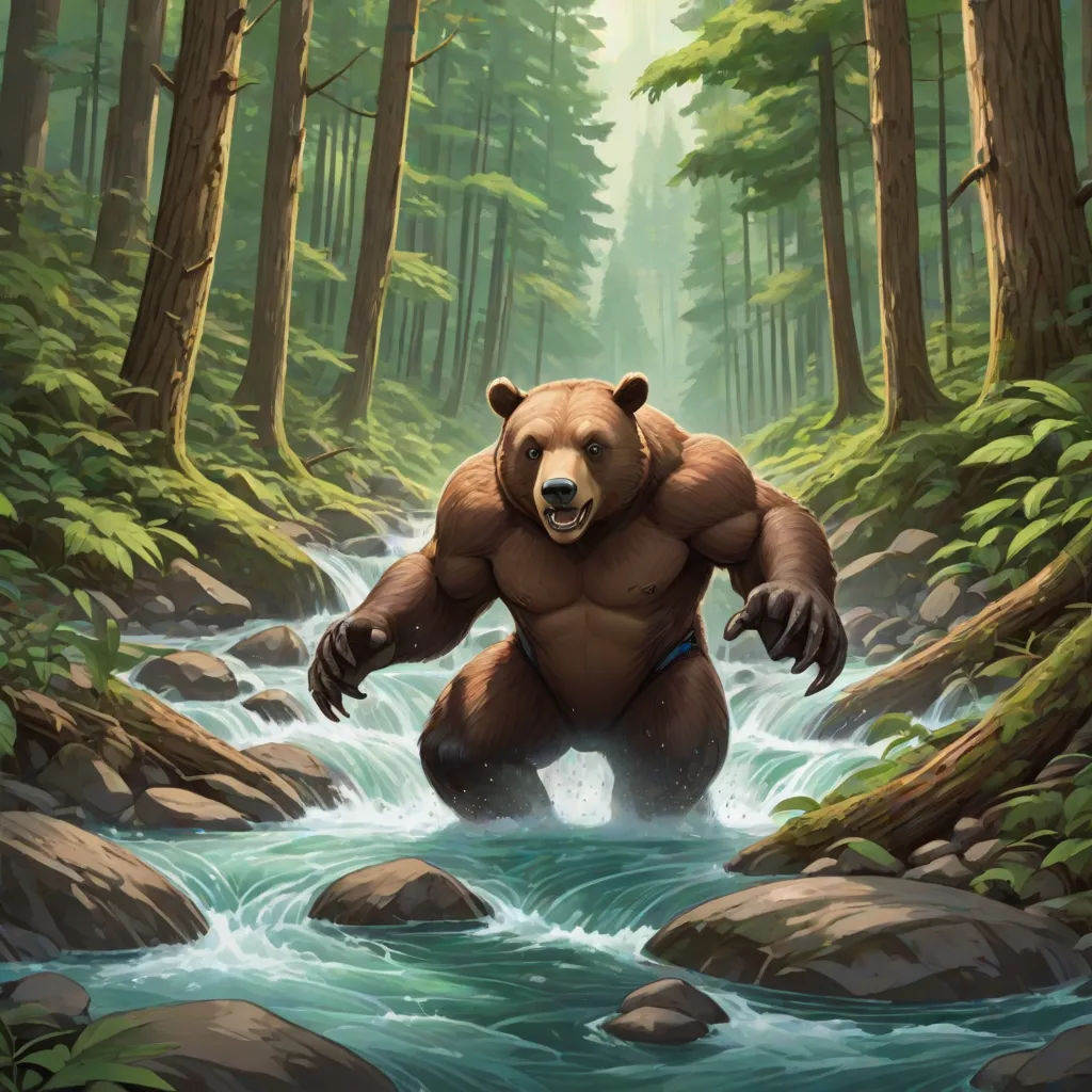 a bear is standing in a river in the woods with rocks and trees around it, and a stream running through it, Aaron Jasinski, furry art, concept art, magic the gathering artwork