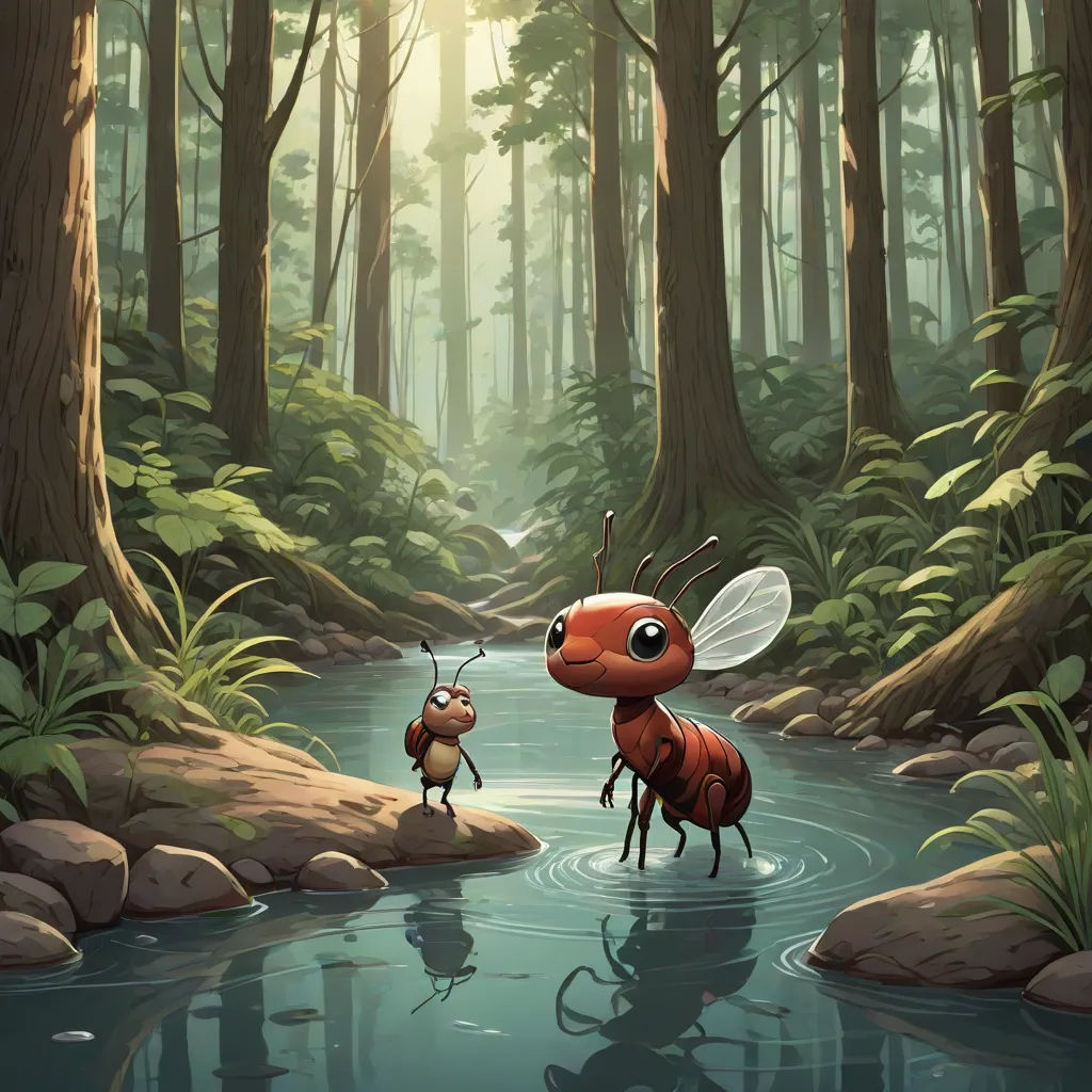a couple of ants standing in a river next to a forest filled with trees and rocks and a forest, Chris LaBrooy, environmental art, a storybook illustration, official art