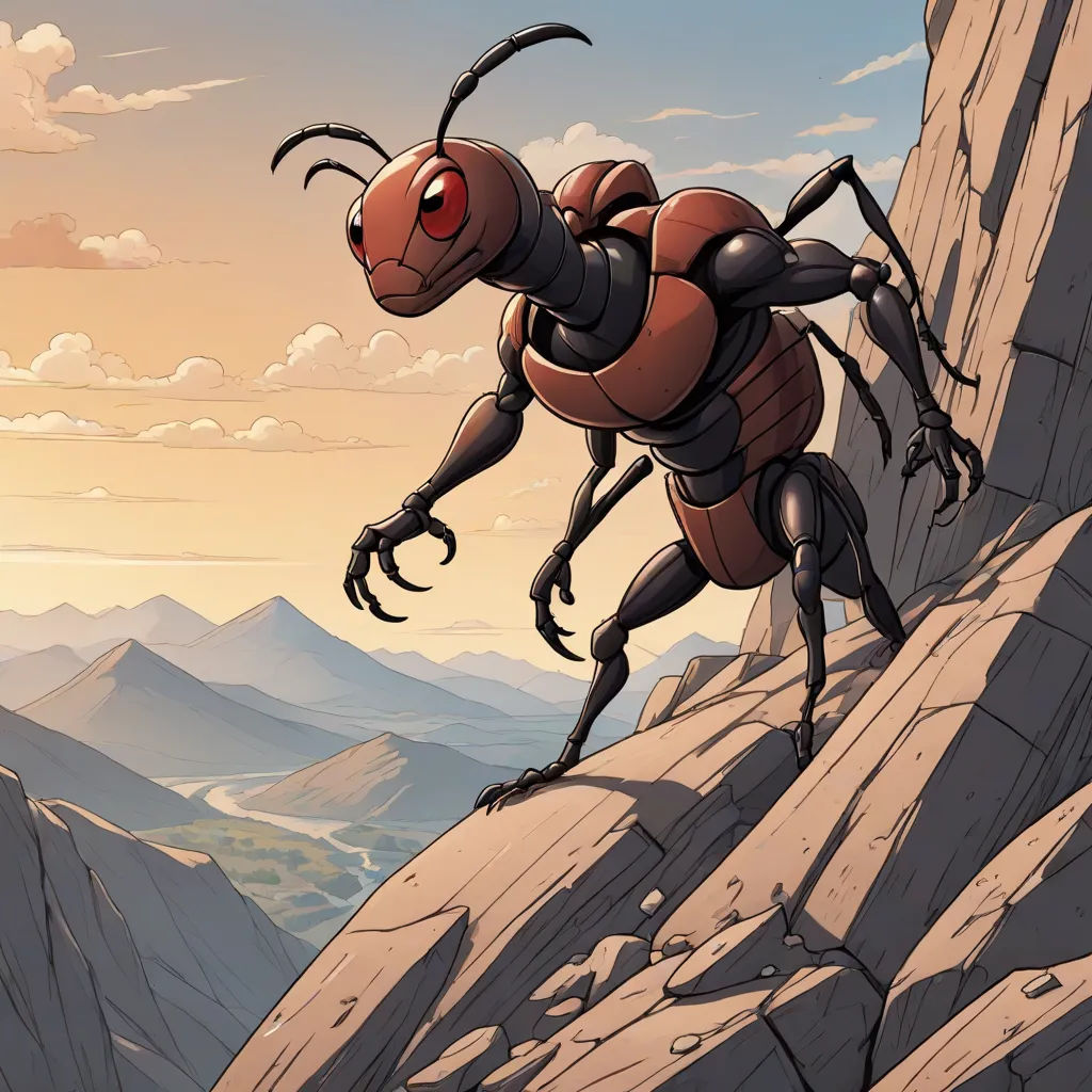 a cartoon of a bug climbing a mountain side with a sky background and clouds in the background, with a person standing on the edge of the cliff, Cliff Childs, antipodeans, a comic book panel, comic cover art