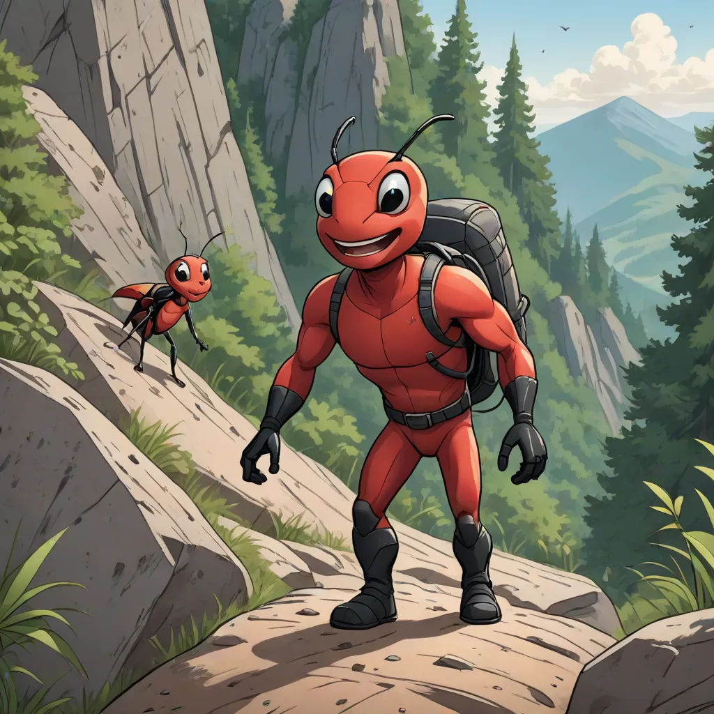 a cartoon of a red man with a backpack and antlers in the background of a mountain landscape with pine trees, Chris LaBrooy, lyco art, concept art, official art