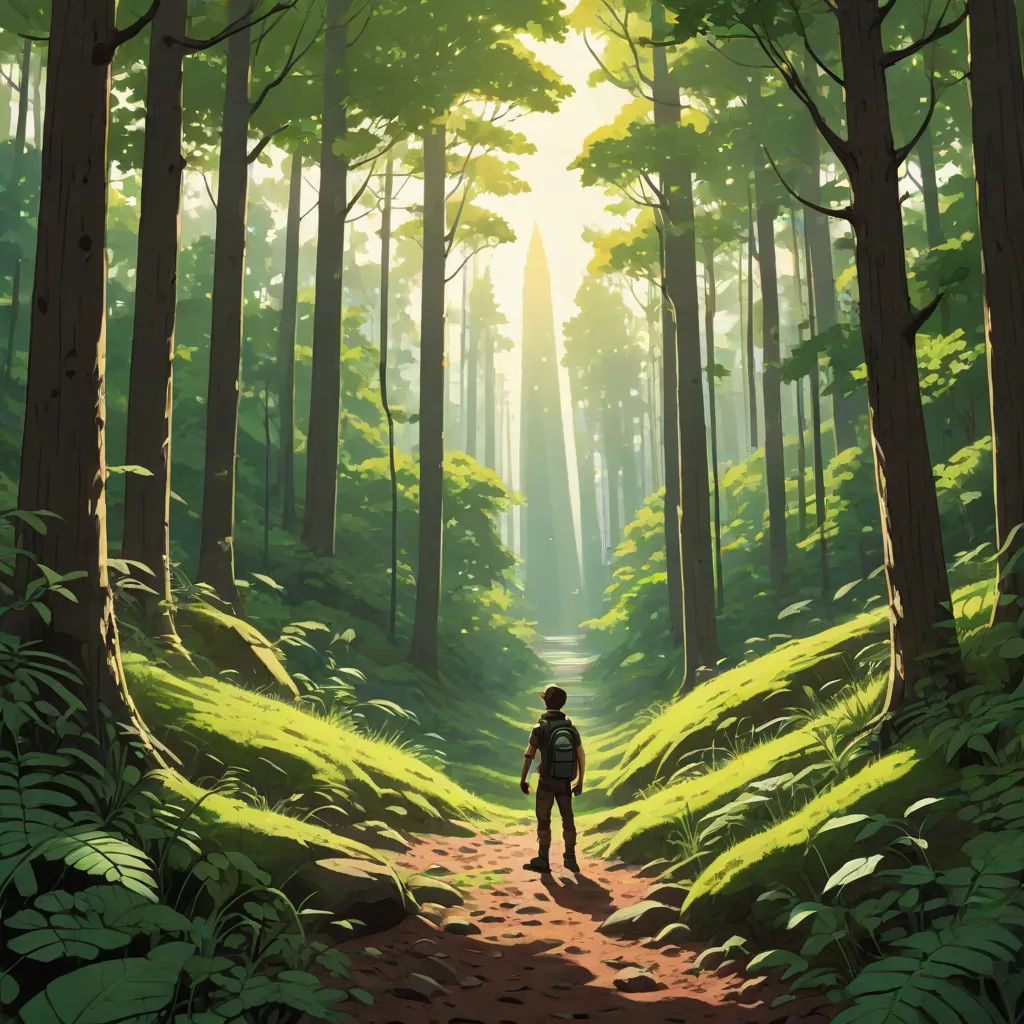 a man walking down a dirt road in a forest with tall trees and green grass on both sides of the path, Atey Ghailan, magical realism, a detailed matte painting, ghibli