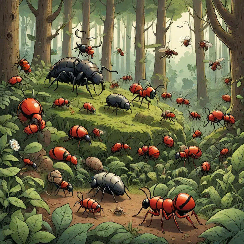 a group of bugs in a forest with many leaves and plants around them, all on a mound of grass, Chris LaBrooy, fantasy art, a storybook illustration, detailed illustration