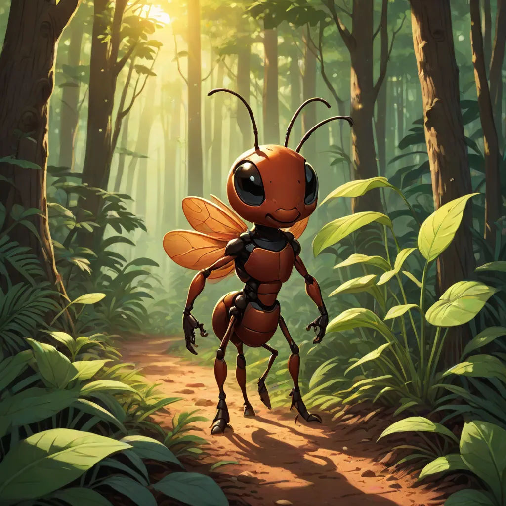 a cartoon ant in the middle of a forest with sun shining through the trees and leaves on the ground, Clint Cearley, altermodern, concept art, magic the gathering artwork