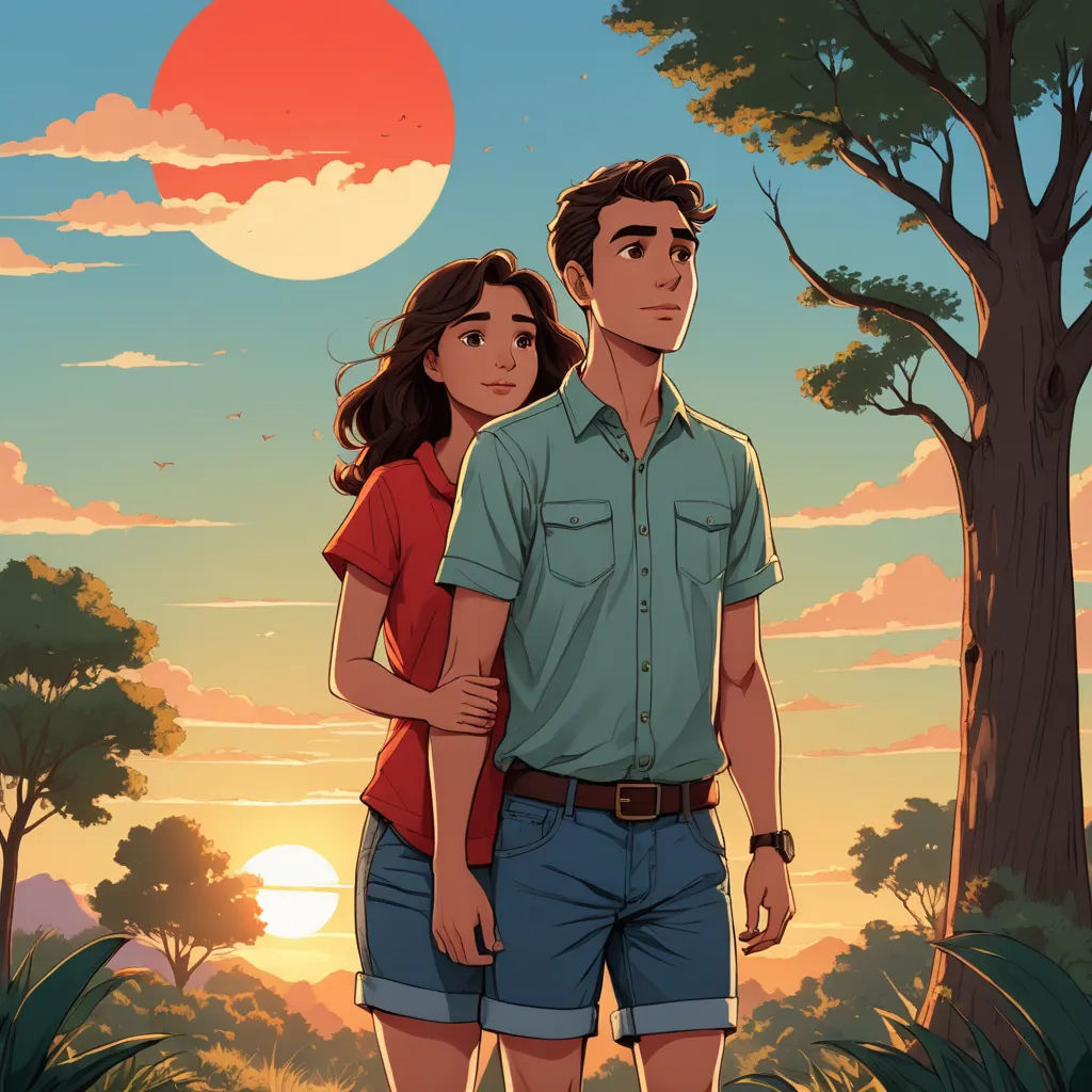 a man and a woman standing in front of a sunset in a forest with trees and bushes, and a man in a blue shirt and jeans shorts, serial art, a storybook illustration, Atey Ghailan, rossdraws global illumination