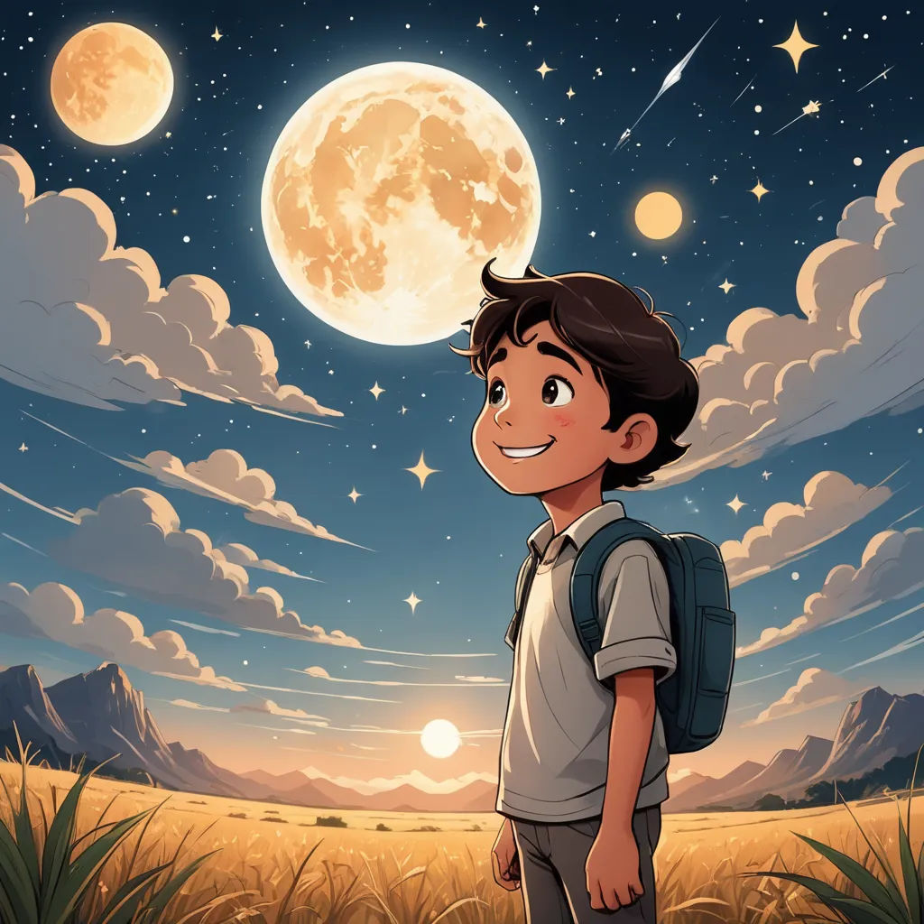 a boy with a backpack standing in a field with a full moon in the background and stars in the sky, space art, a storybook illustration, Amir Zand, comic cover art