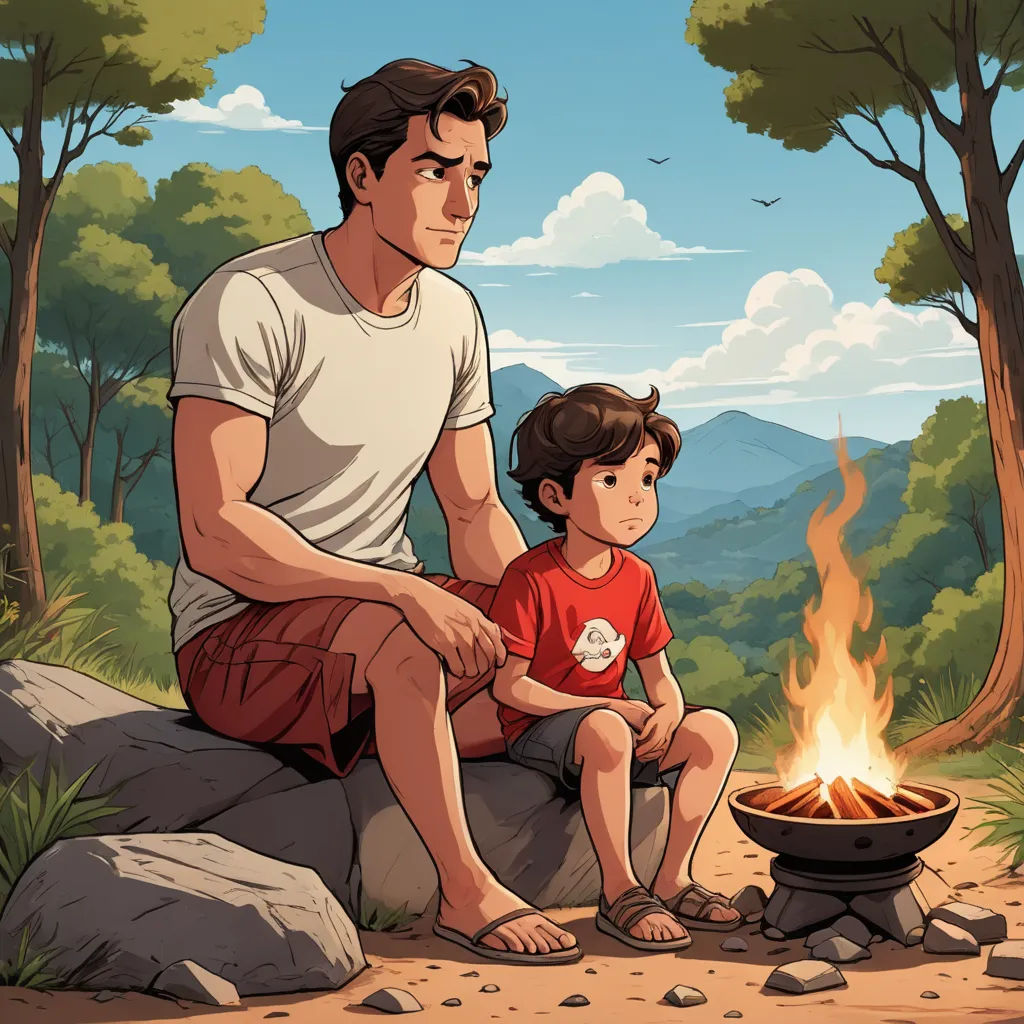 a man and a boy sitting on a rock near a campfire in the woods with a campfire in the background, environmental art, a storybook illustration, Diego Gisbert Llorens, graphic novel
