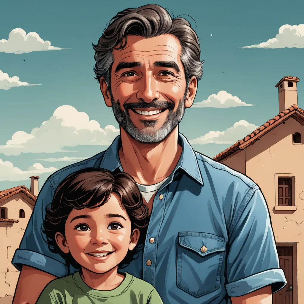 a man and a child are standing in front of a house with a sky background and clouds in the background, serial art, a storybook illustration, Diego Gisbert Llorens, high detail illustration