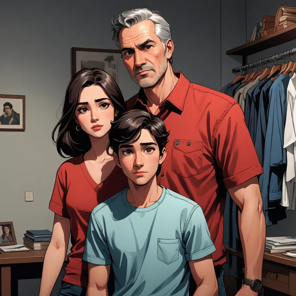 a man and a woman standing next to each other in a room with a desk and a closet full of clothes, sots art, a comic book panel, David Park, official art