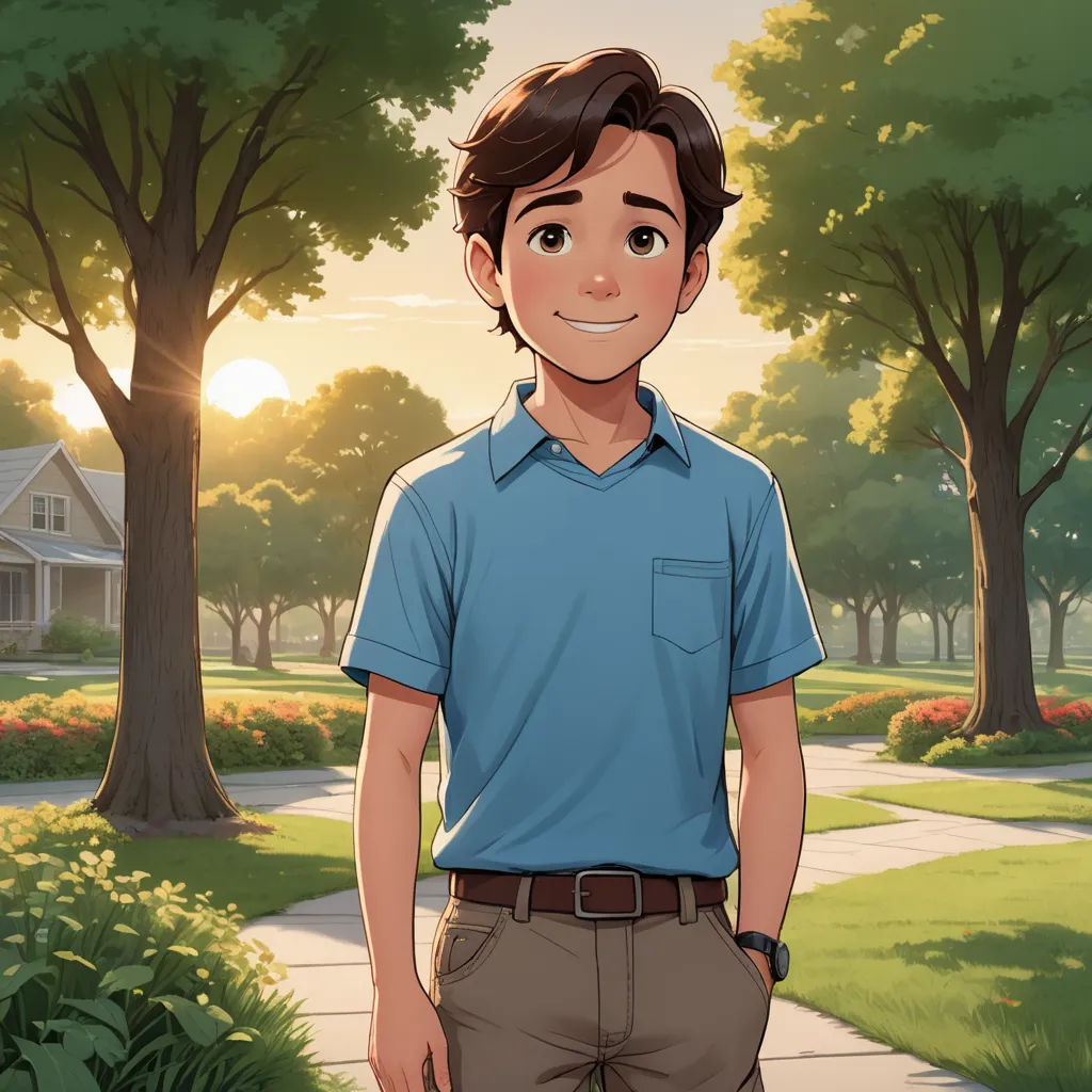 a man standing in front of a tree with a house in the background and a sidewalk with a tree and grass area, american realism, a character portrait, David Park, kinkade
