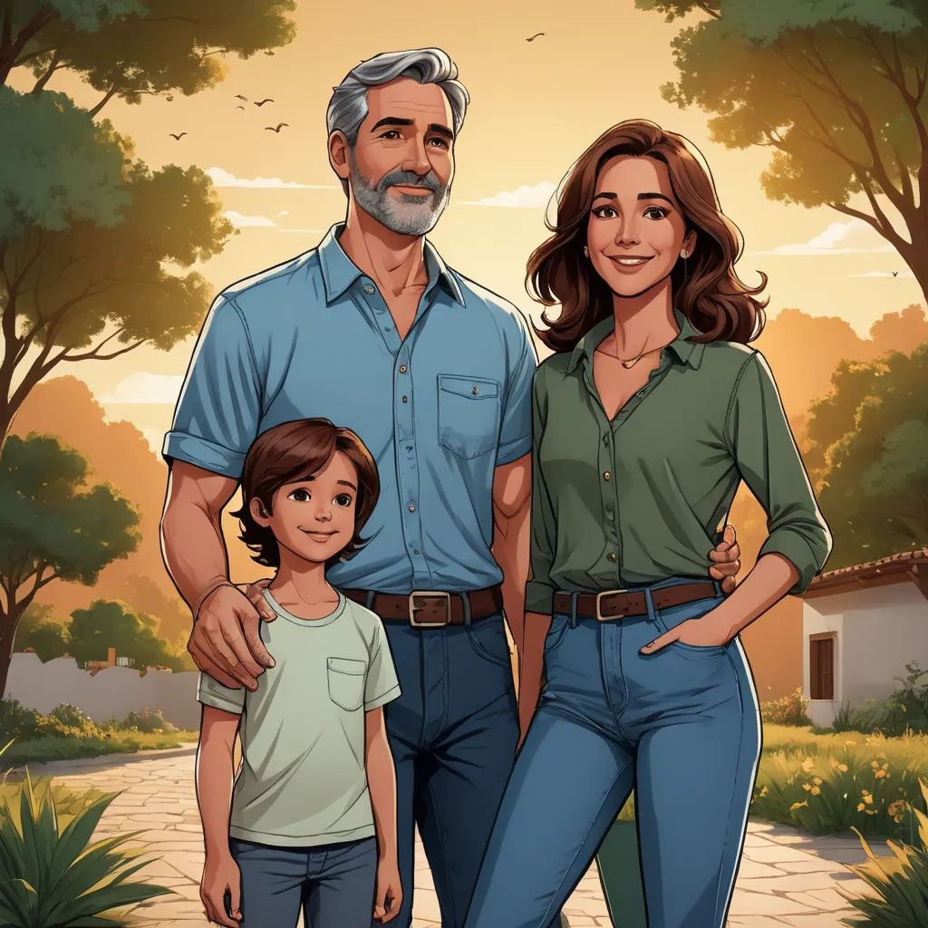 a man and woman standing next to a child in front of a tree filled park with a house in the background, american scene painting, a storybook illustration, F Scott Hess, official art