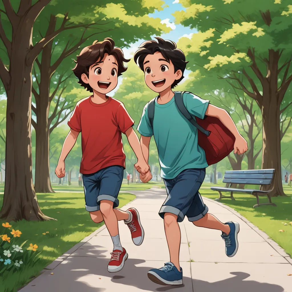 two young boys running down a sidewalk in a park with a bench in the background and trees in the foreground, vancouver school, a storybook illustration, Brothers Hildebrandt, official art