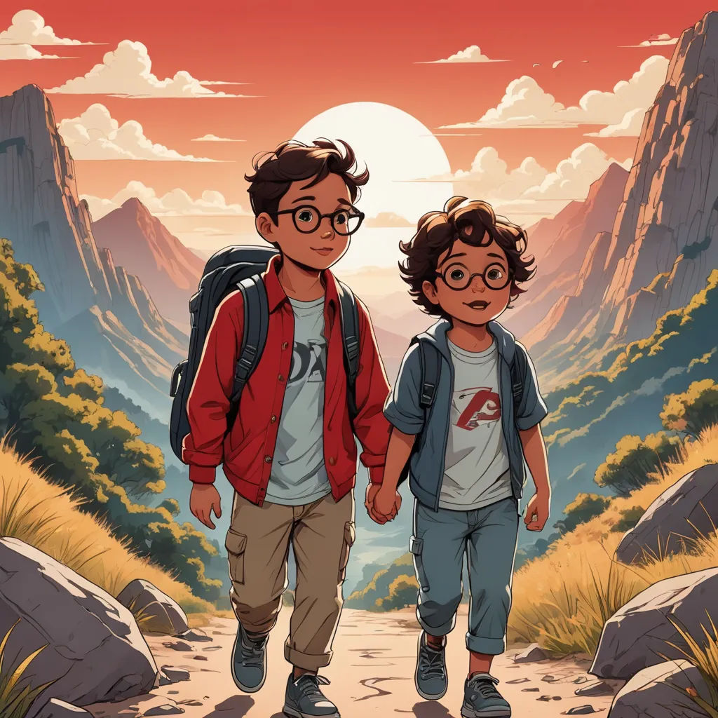 two boys walking down a path with a mountain in the background and a sun setting behind them, with a red sky, process art, a comic book panel, Asaf Hanuka, rossdraws global illumination