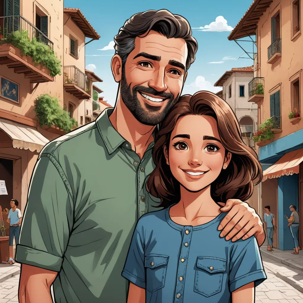 a man and a woman are standing in front of a street with buildings and a blue sky in the background, serial art, a storybook illustration, Altoon Sultan, official art