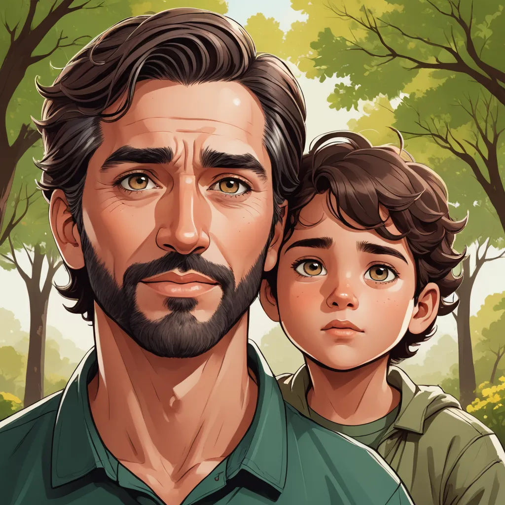 a man and a child are in a forest with trees and grass behind them, and the man is looking at the camera, serial art, a character portrait, Aaron Jasinski, game art