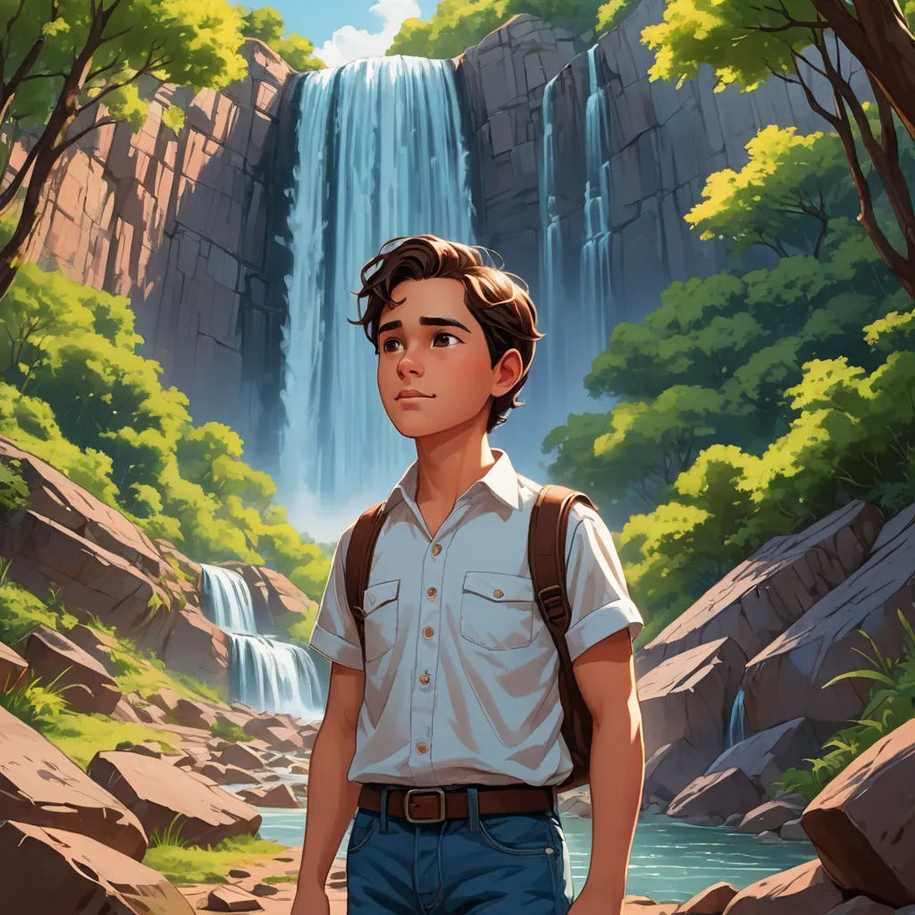 a boy standing in front of a waterfall with a backpack on his back and a backpack on his shoulder, serial art, poster art, Brothers Hildebrandt, kinkade