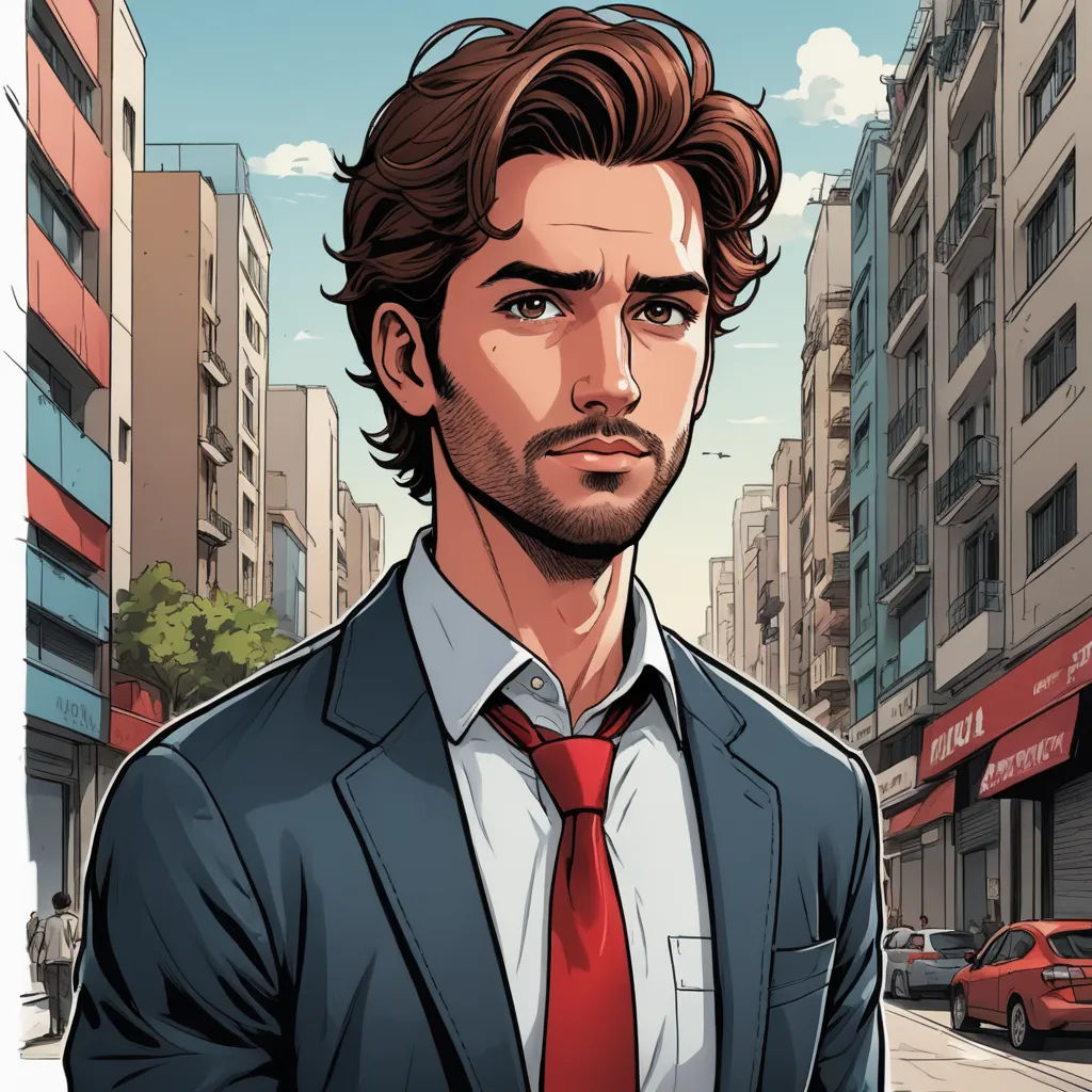 a man in a suit and tie standing in front of a city street with buildings and cars on the street, serial art, a character portrait, André Castro, character portrait
