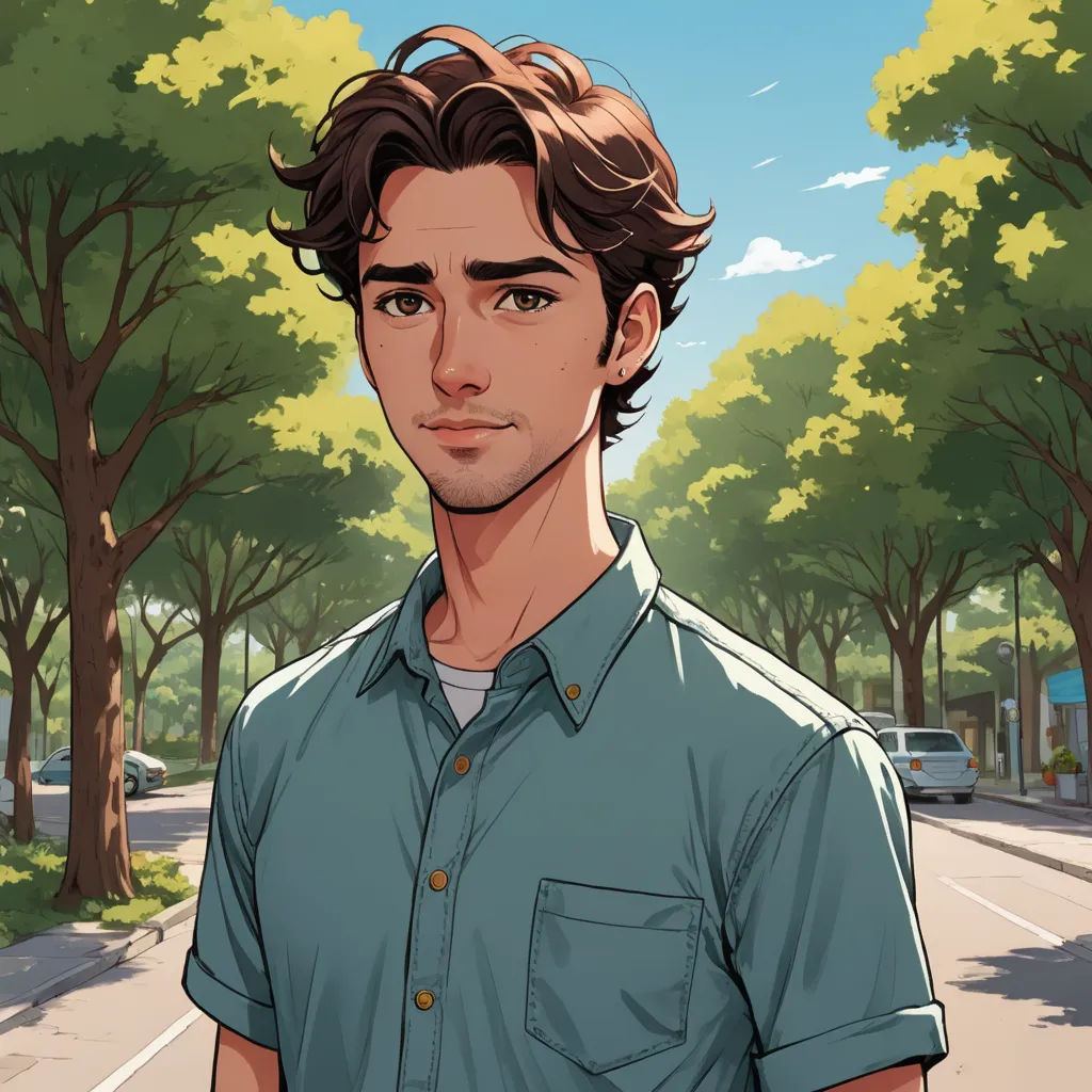 a man standing in front of a tree filled street with a car parked on the side of the road, serial art, a character portrait, Cedric Seaut (Keos Masons), kinkade