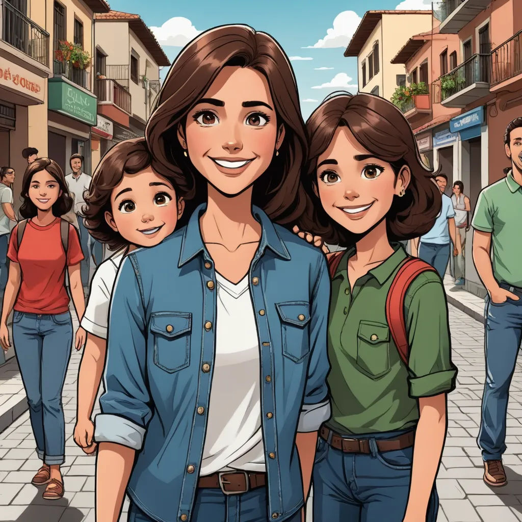 a woman and a child are standing in the street with a crowd of people behind them and a man is smiling, lyco art, a comic book panel, Bourgeois, graphic novel
