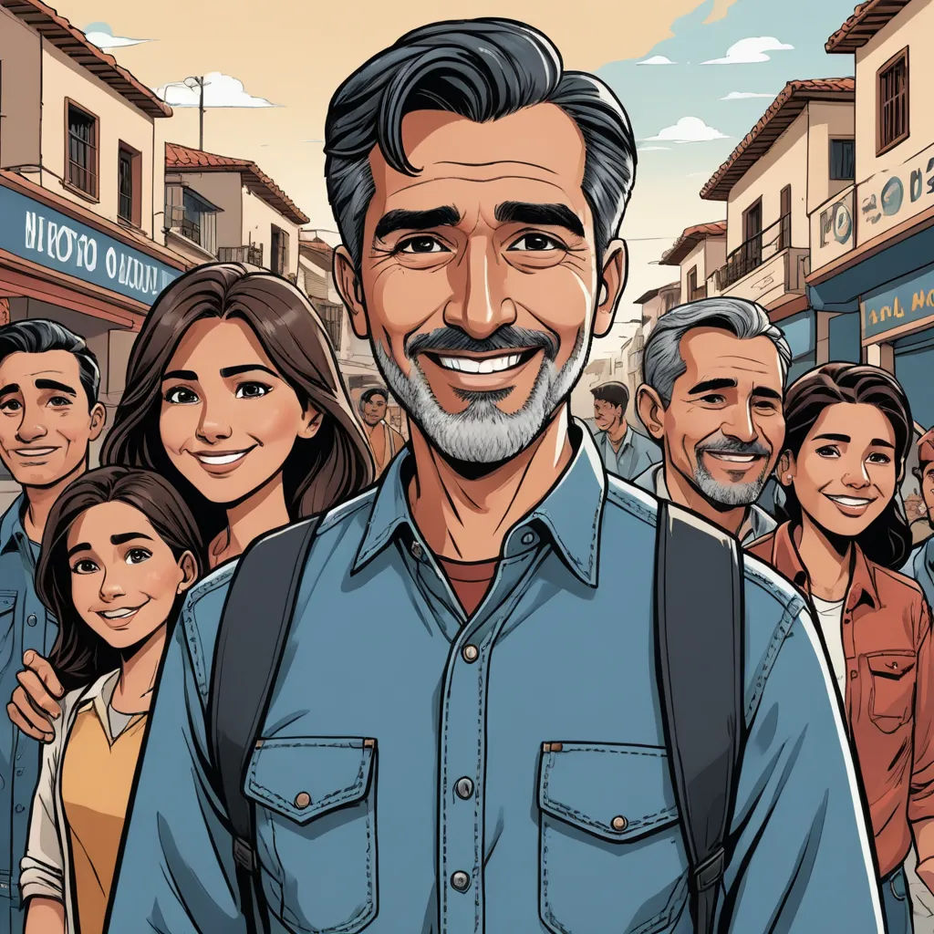 a man with a beard and a blue shirt is surrounded by people in a city street, with a building in the background, private press, a comic book panel, Asaf Hanuka, graphic novel