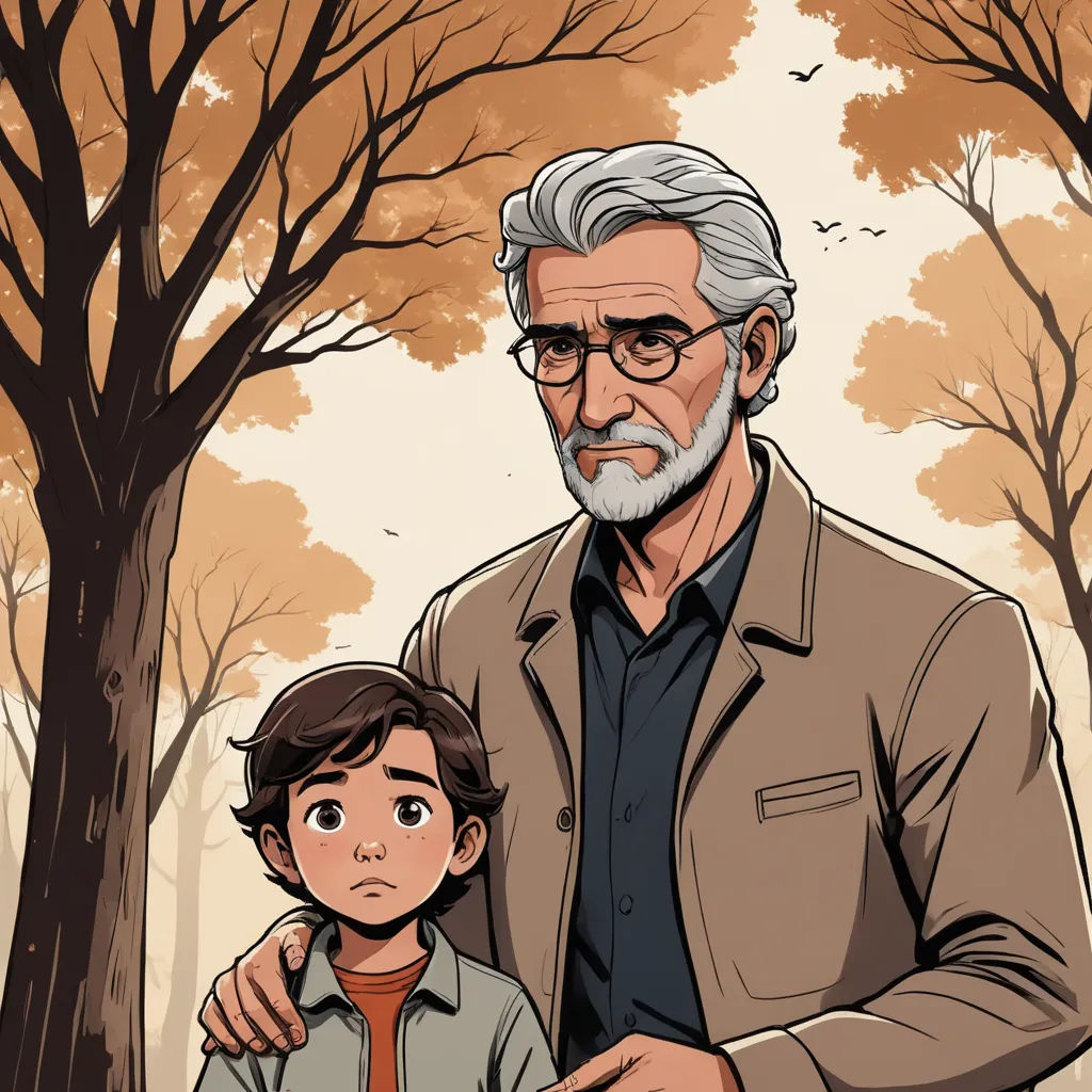 a man and a boy standing in front of a tree with a tree in the background and a man with a beard, serial art, a comic book panel, Dean Roger, graphic novel